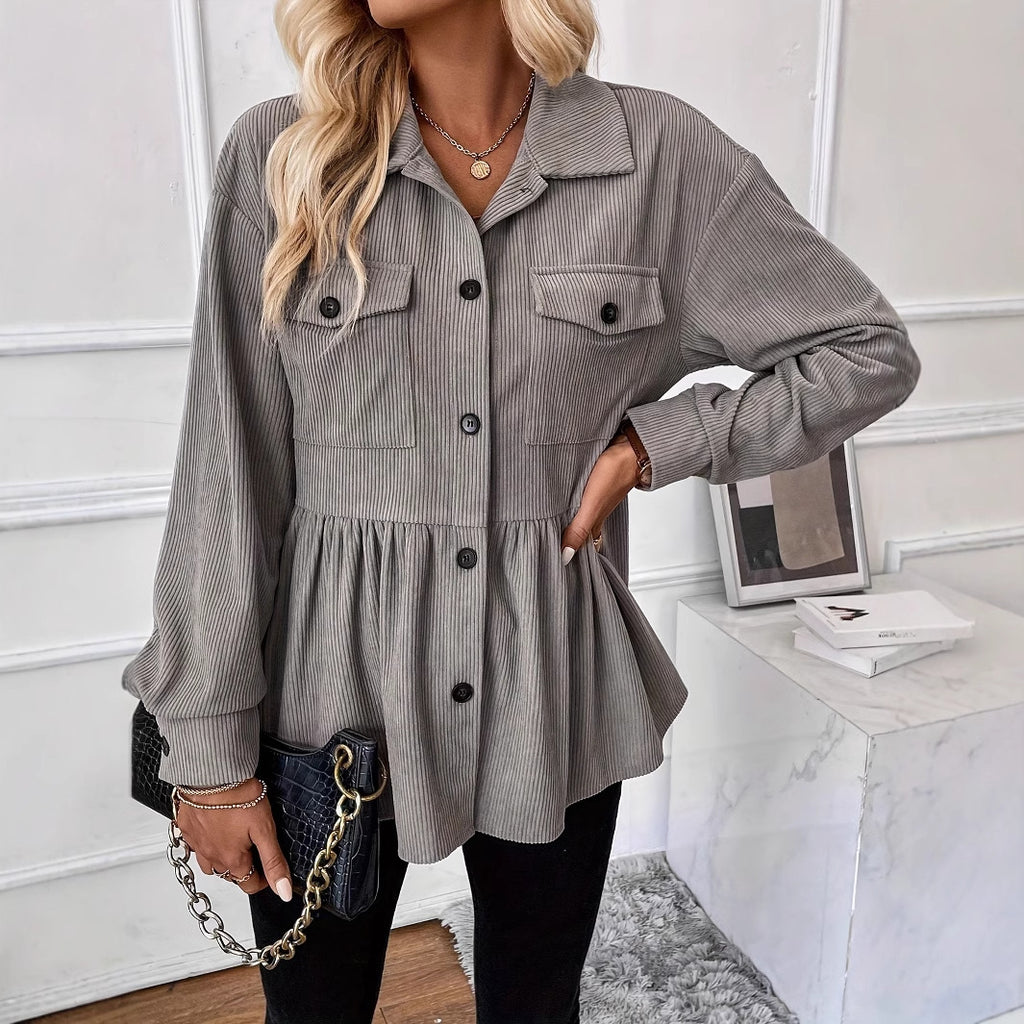 Women's Casual Corduroy Shirt Coat Loose Long Sleeve Gray – AdriaPulse