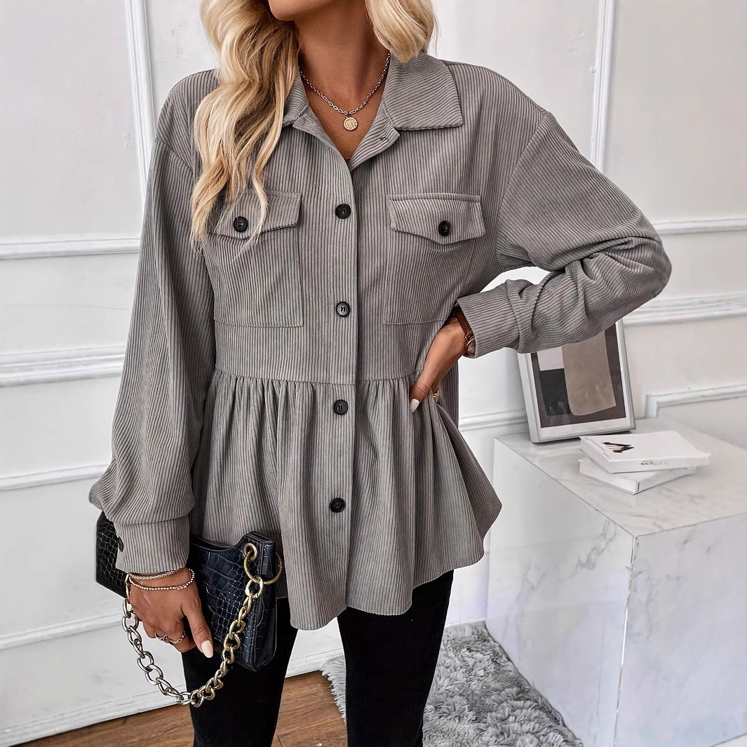 Women's Casual Corduroy Shirt Coat Loose Long Sleeve Gray – AdriaPulse