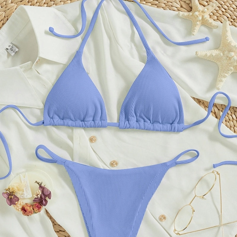 Women's Sexy Ribbed Tie Bikini Set – V-Neck Two-Piece Swimsuit