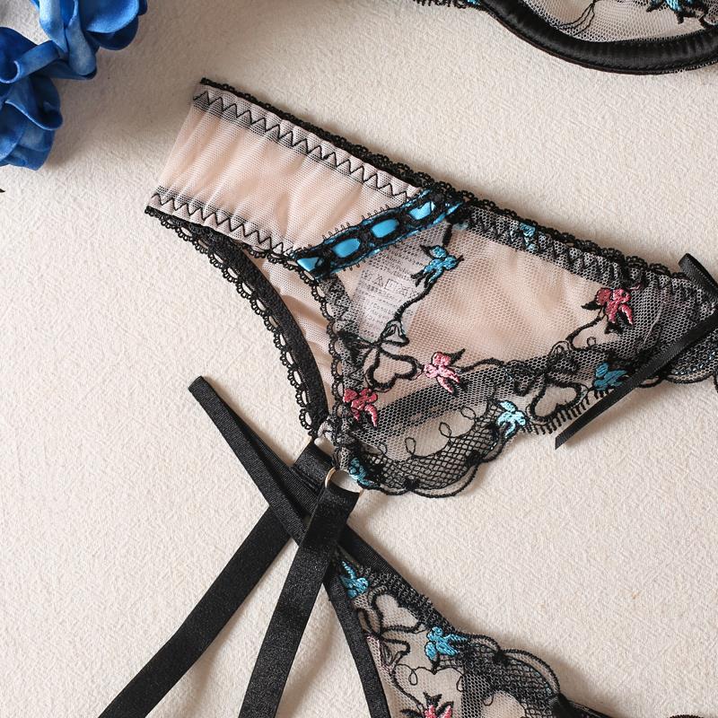Besticktes Mesh-Dessous-Set aus Spitze | 3-teiliges Set aus BH, Höschen und Strapsen