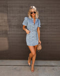 Women's Loose Denim Short Sleeve Dress Casual Commuter Cardigan Style Dress with Pockets Denim Blue Front View – AdriaPulse
