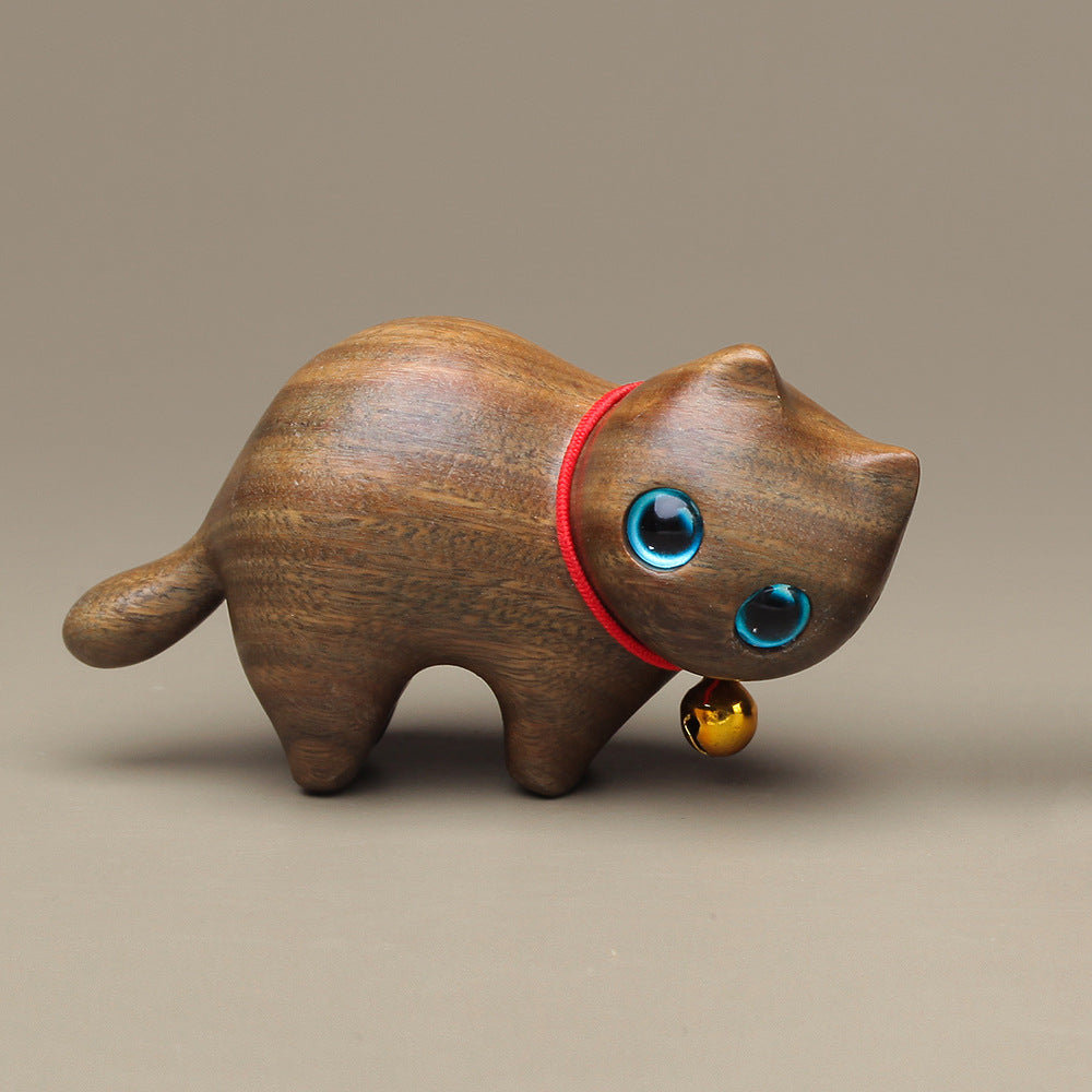 Handmade Sandalwood Cat & Animal Figurine – Mini Wooden Desk Ornament