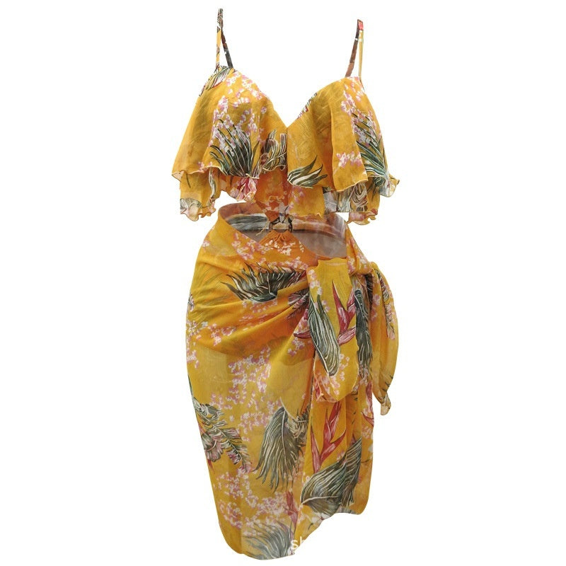 Floral Couple Swimwear Set | Women's Push-Up One-Piece & Men's Beach Shorts – Pink & Yellow