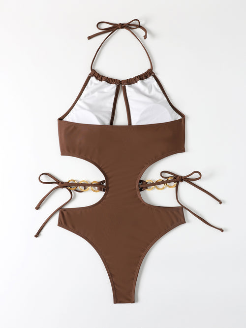 "Bikini Ring One Piece Swimsuit Coffee Brown – AdriaPulse"
