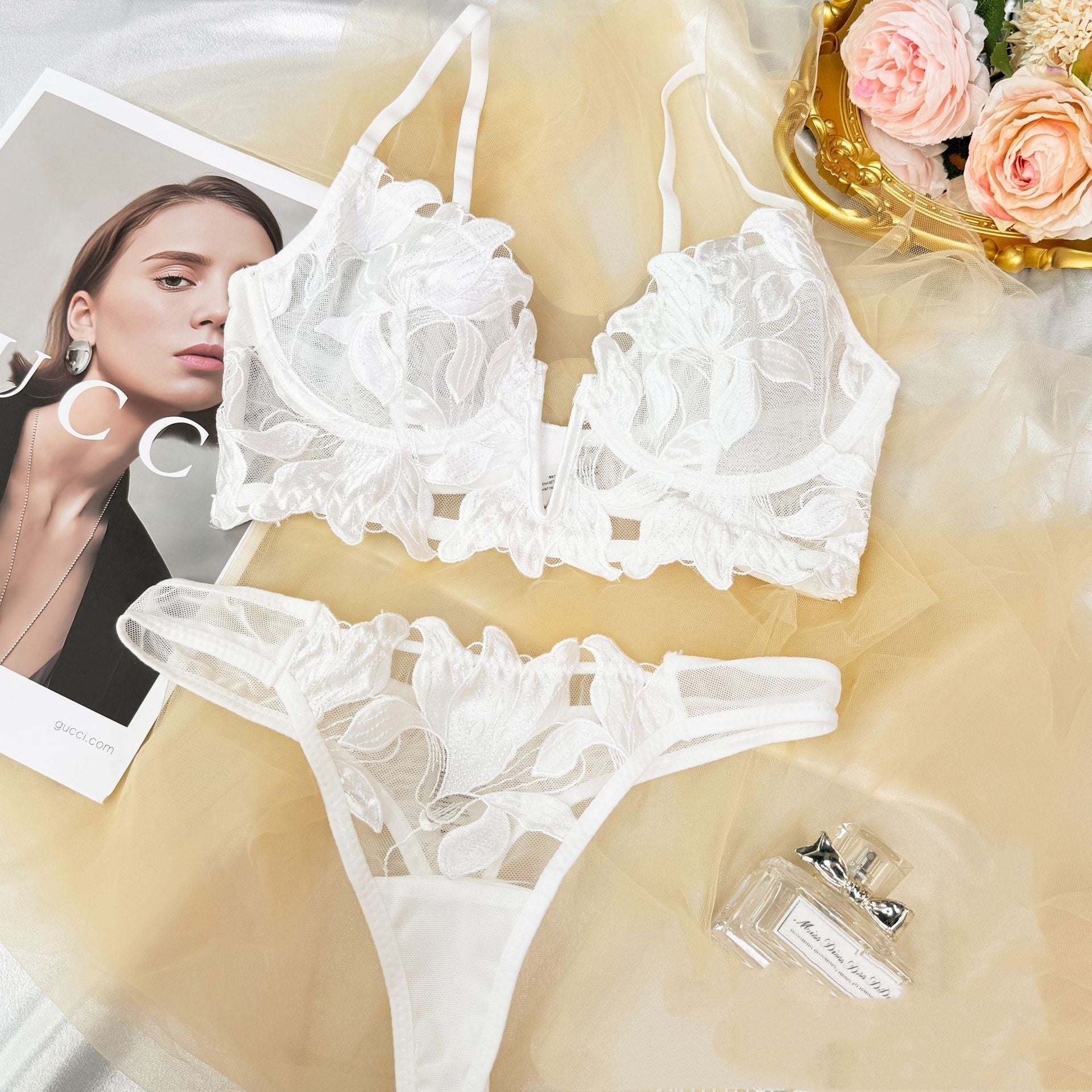 Deep V-Neck Embroidery Lace Sleepwear Set – 9 Colors XS–2XL