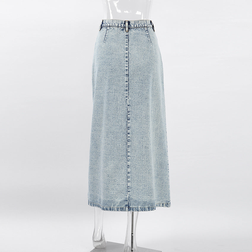 Women's Retro A-Line Denim Maxi Skirt – Washed Distressed Long Jean Skirt