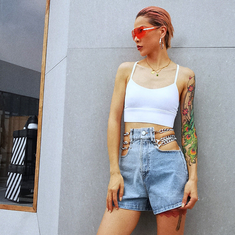 Damen High-Waist-Jeans-Shorts mit Kette – weites Bein Street Style Jeans-Shorts