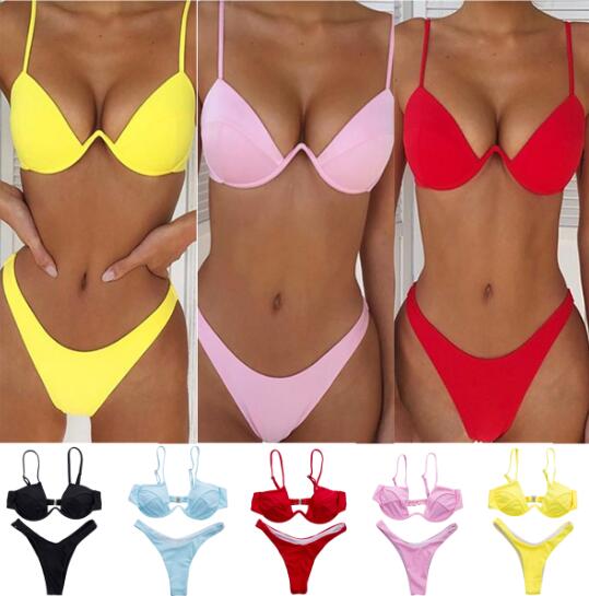 Women's Solid Color Bikini Set Polyester 2-Piece Swimwear – Black | AdriaPulse