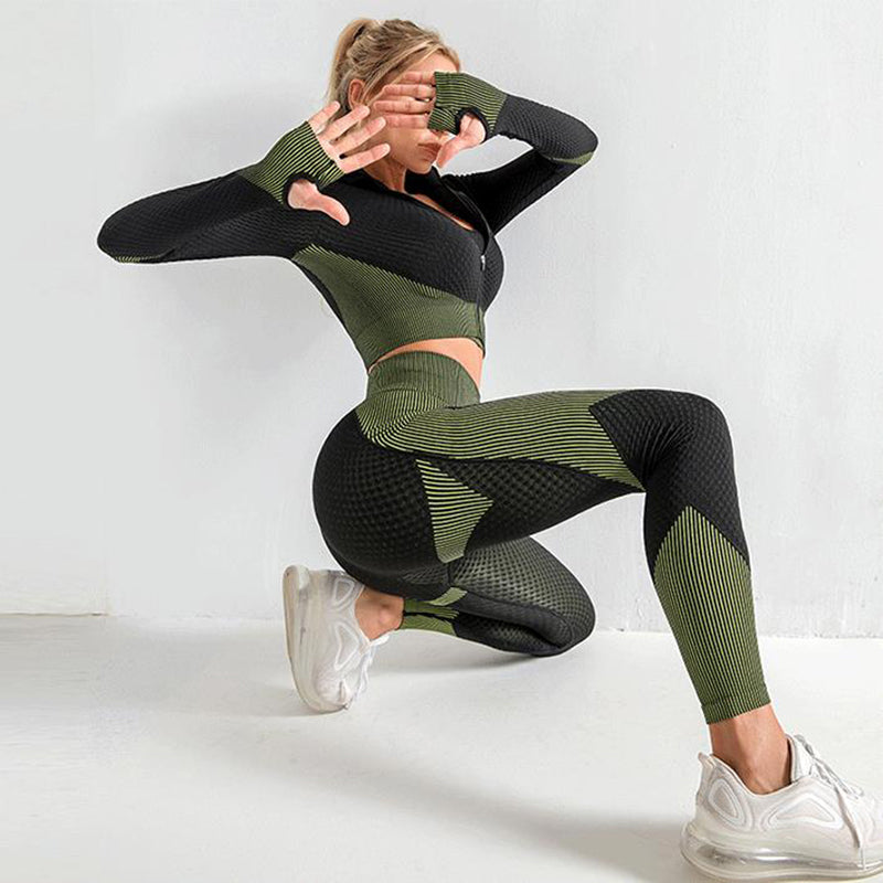 3-Piece Seamless Yoga Set | Leggings, Crop Top & Sports Bra – Women's Gym Tracksuit