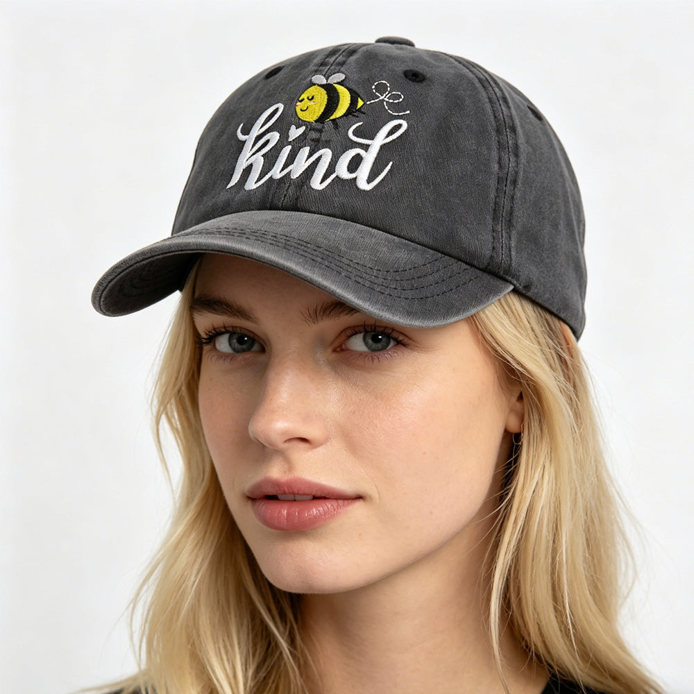 Bee Kind embroidered washed cotton low-profile baseball cap for women and men, adjustable unisex hat with bumblebee graphic – AdriaPulse"