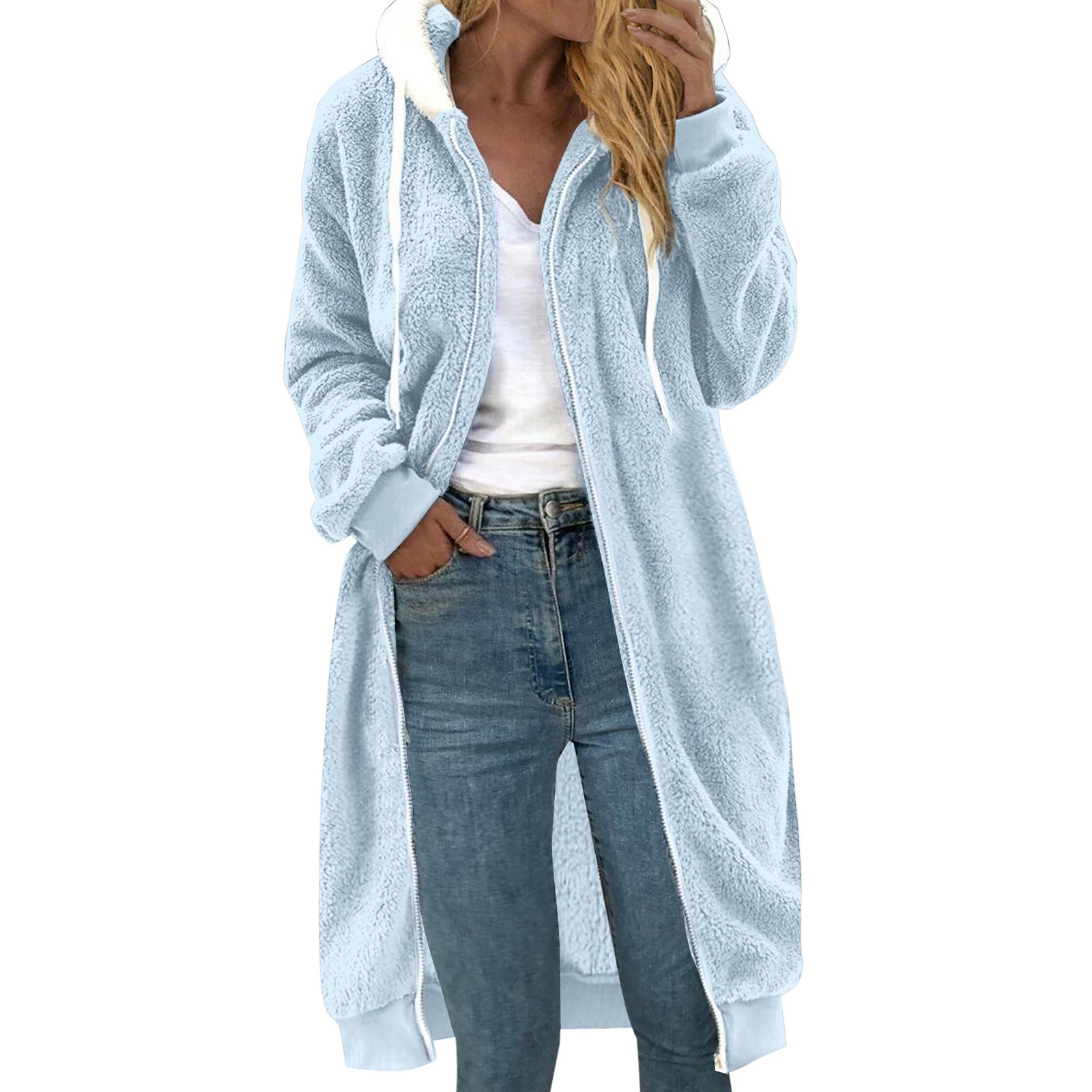 Manteau à capuche en peluche double face mi-long épais pour femme