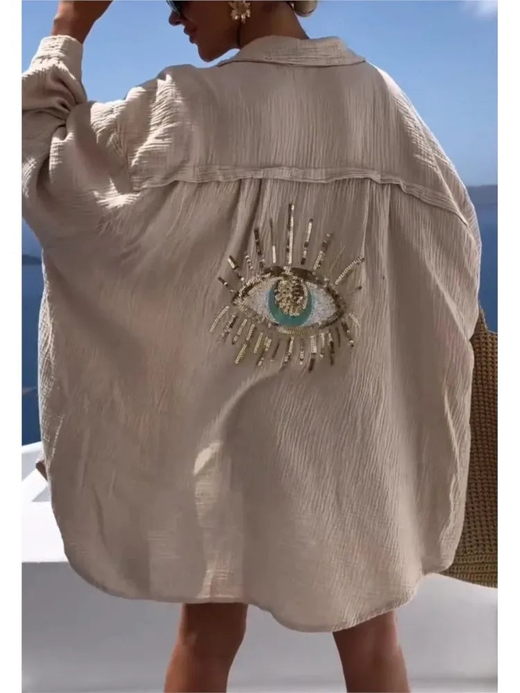 Frühling Sommer Mode Pailletten Augen Hemdblusenkleider 2024 Damen Casual Strand Stil Loose Button Sonnenschutz Hemdkleid