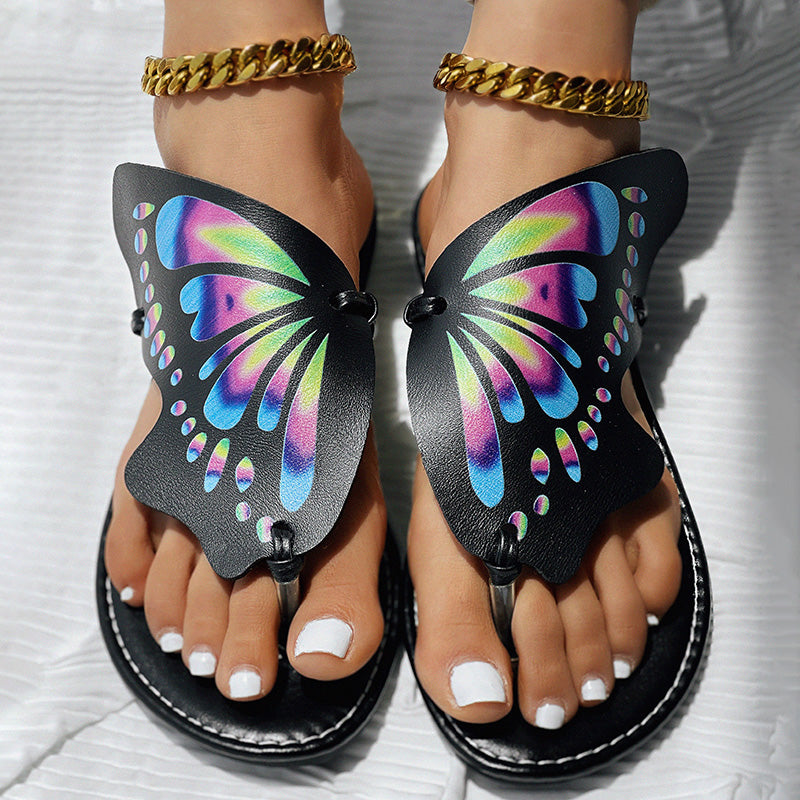 Schmetterlingsdruck Zehensteg-Flip-Flops mit runder Zehenkappe, Bequeme Sommer-Strandschuhe, Lässige Damenschuhe, Perfekt für Pool und Alltag