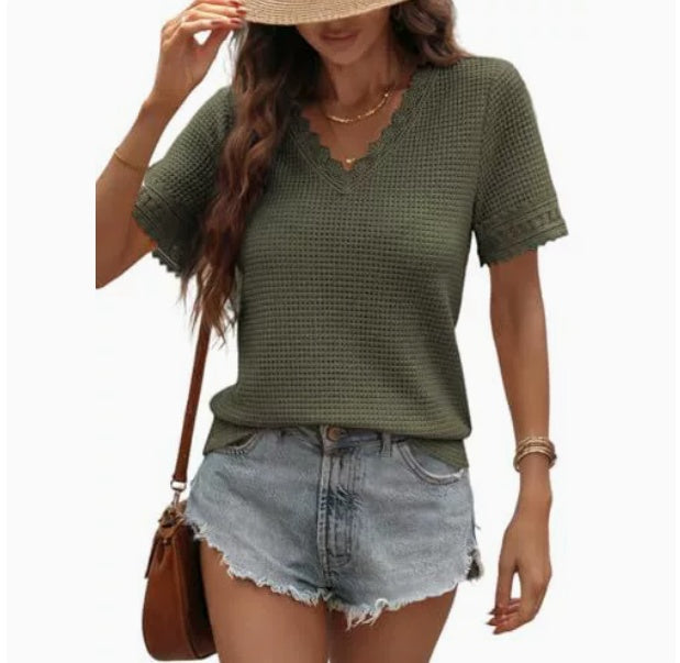 Women's V-Neck Waffle Knit Lace Patchwork T-Shirt  AdriaPulse