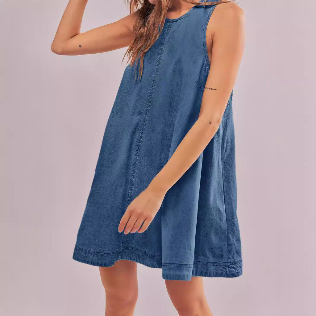 Sleeveless Backless Denim Mini Dress Dark Blue | AdriaPulse