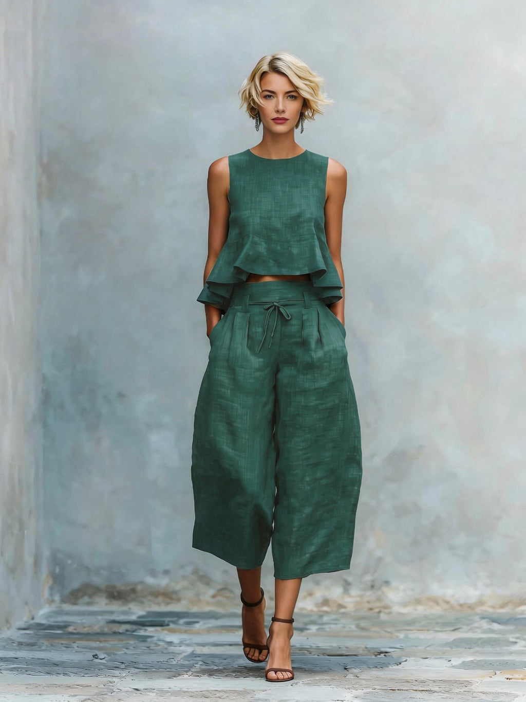 Women's Ruffled Sleeveless Top Wide-Leg Pants Set 2-Piece Summer Suit – Dark Green | AdriaPulse