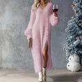 Schickes Strick-Maxikleid mit Schlitz und Fleece – V-Ausschnitt, Knopfdesign