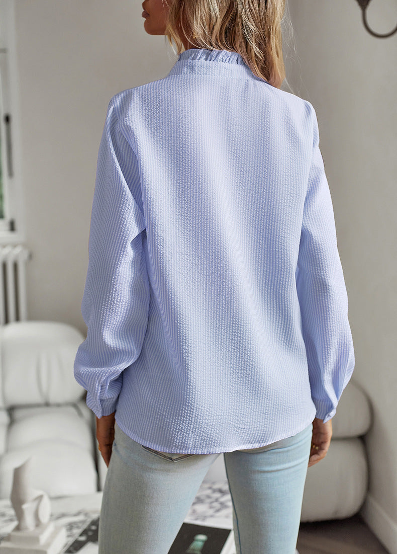 Gestreiftes Langarmshirt, modisches Rüschendesign, geknöpfte Oberteile, lässige Bürobluse, elegante Damenkleidung für Pendler