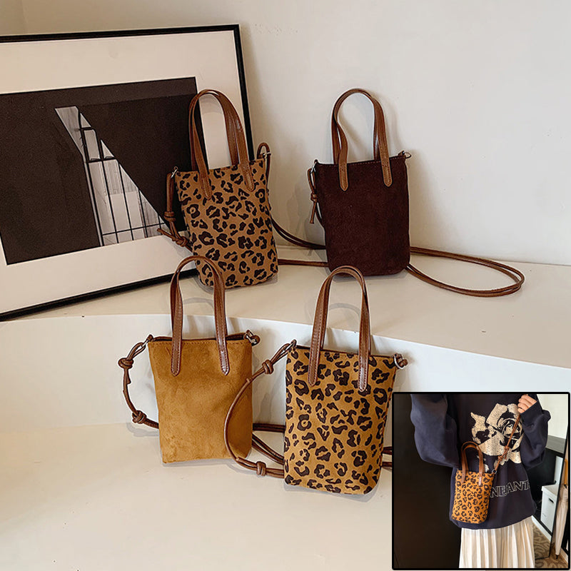 Umhängetasche mit Retro-Leopardenmuster | Wildleder-Schultertasche für Telefone – Damenmode Herbst Winter