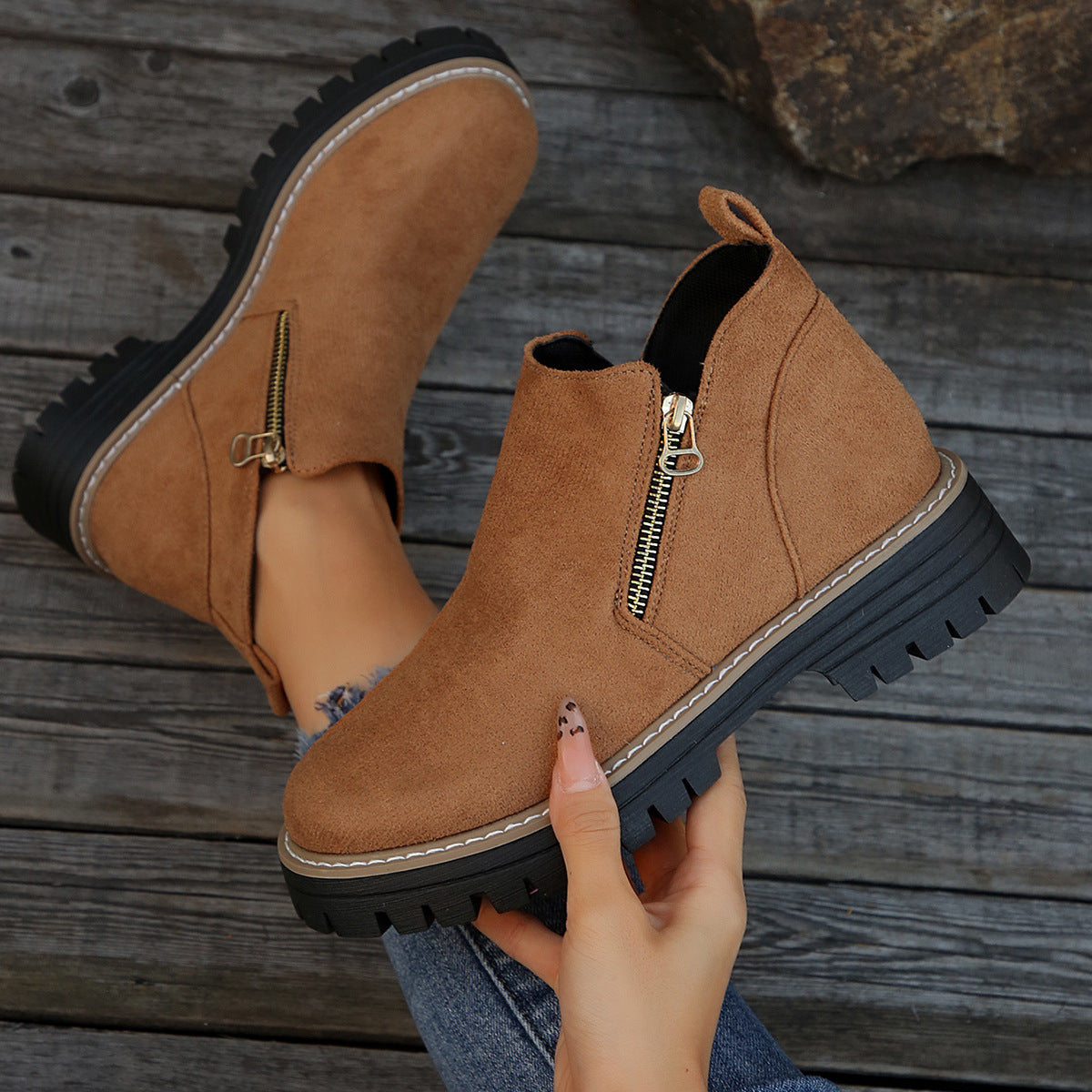 Women's Suede Chunky Ankle Boots – Block Heel Side Zipper | EU 36–43
