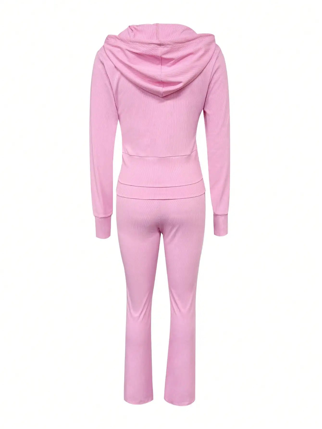 Pinkfarbener Damen 2-teiliger Kapuzen-Crop-Top & ausgestellte Hose Set, lässiges Sport-Outfit für den Herbst