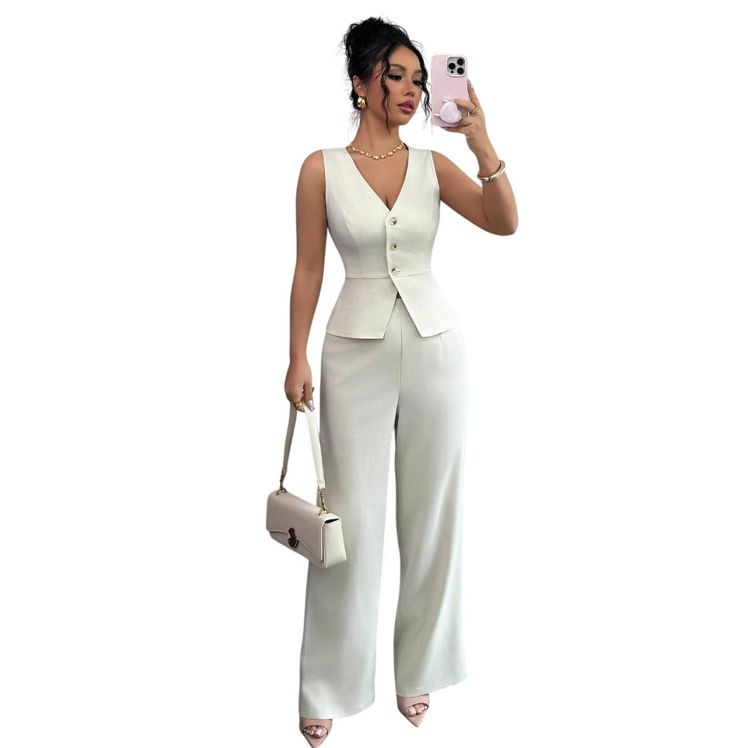 Women's Slim V-Neck Vest High Waist Trousers Two-Piece Set Sleeveless Summer Co-Ord – AdriaPulse
