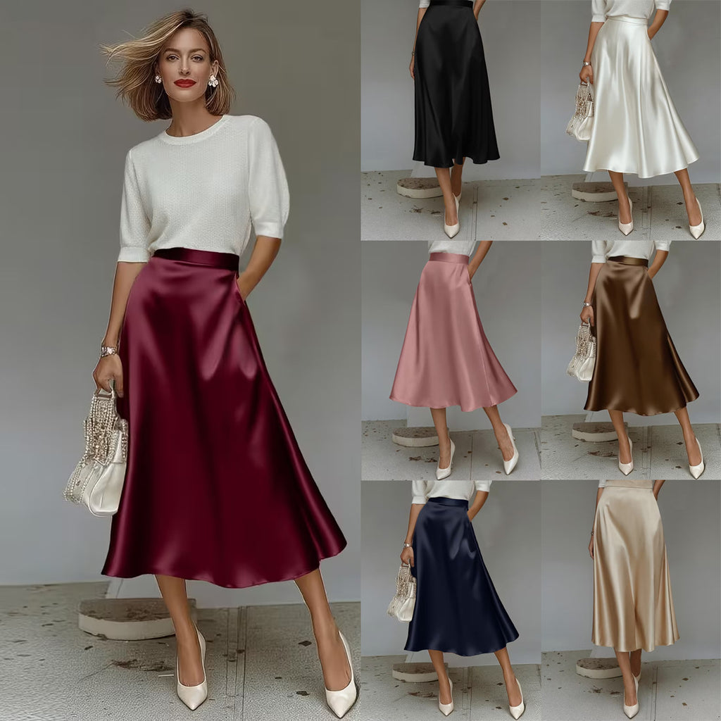 Satin Velvet Mid-Length Commuter Skirt Black Women AdriaPulse