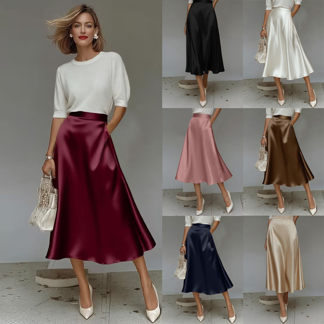 Satin Velvet Mid-Length Commuter Skirt Black Women AdriaPulse