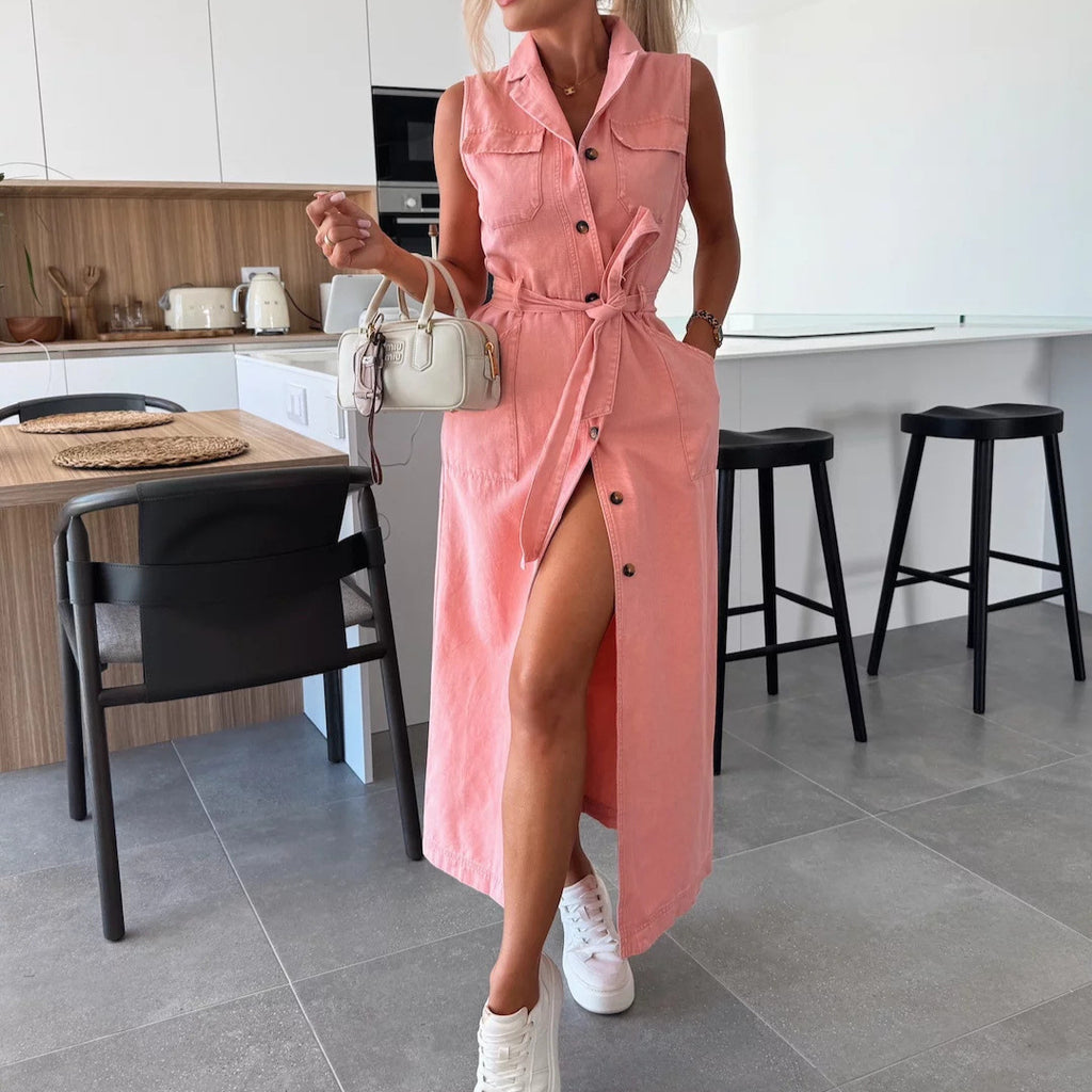 Women's Sleeveless Single-Breasted Denim Maxi Dress Tie Waist Street Fashion Long Dress Pink Front View – AdriaPulse