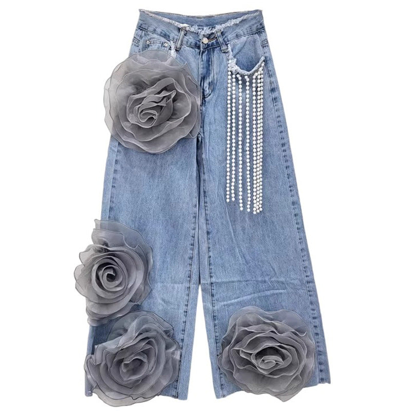 Women's High Waist Denim Jeans with 3D Flower Bead Chain Detail in Blue – AdriaPulse