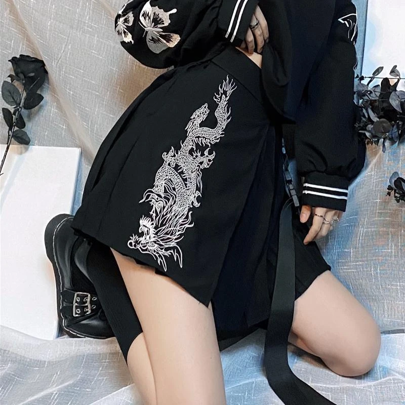 Jupe plissée brodée taille haute pour femme – Coton, Noir Argenté