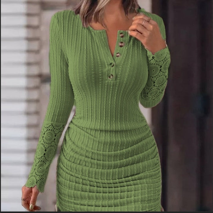 New Women's Round Neck Open Tube Lace Long-sleeved Dress