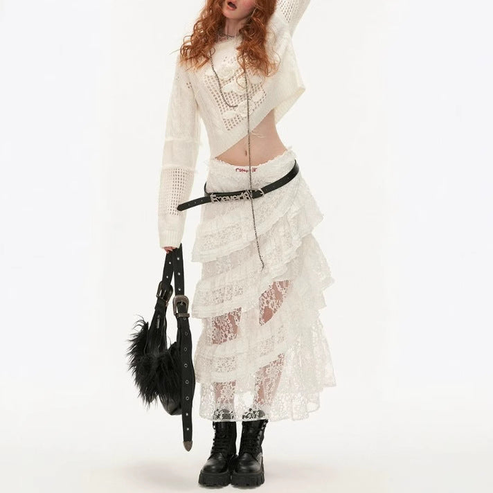 Y2K Retro Lace Tiered Skirt – American Style Patchwork Midi Skirt