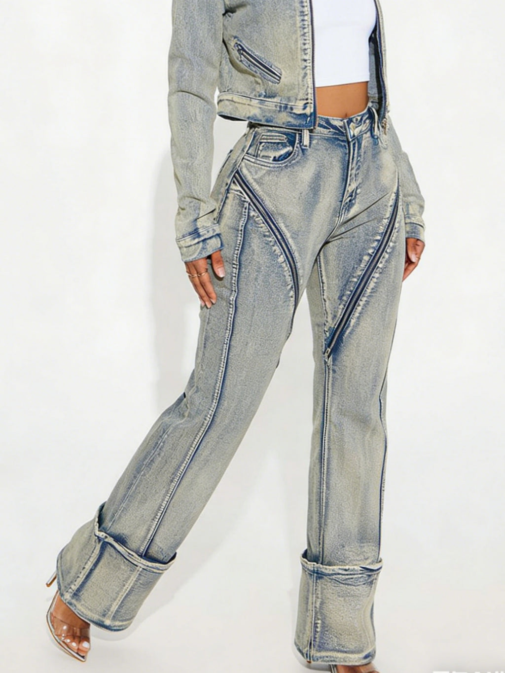 Women's High Elasticity Washed Zipper Denim Pants – Front View	AdriaPulse