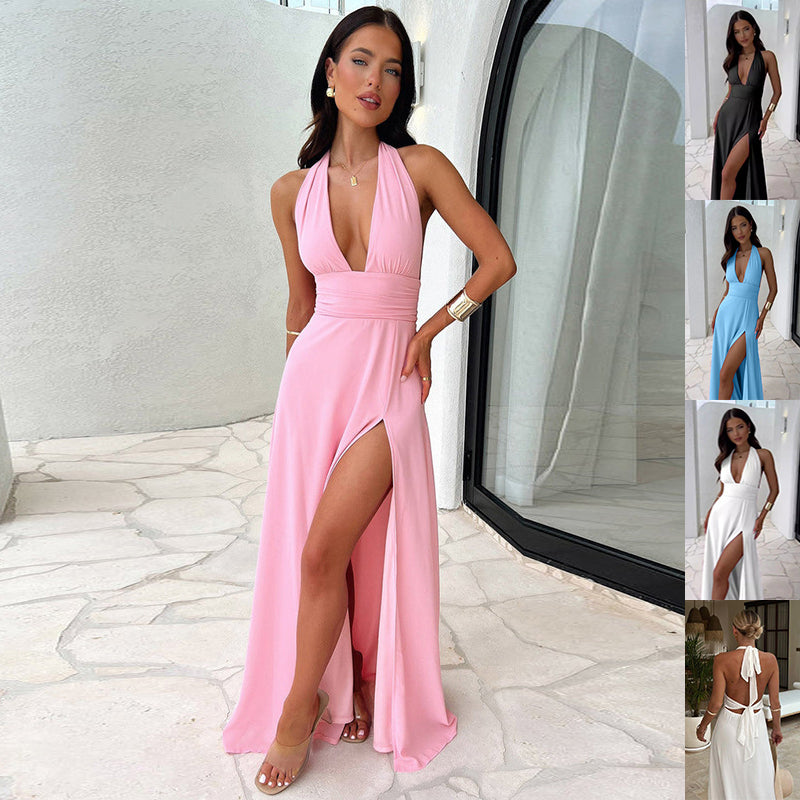 Halterneck V-Neck Slit Maxi Dress Backless Strappy Summer Dress AdriaPulse