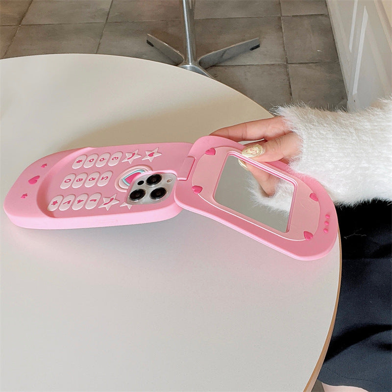 Flip Phone Mirror iPhone Case – Cute Y2K Silicone Cover for iPhone 11–15