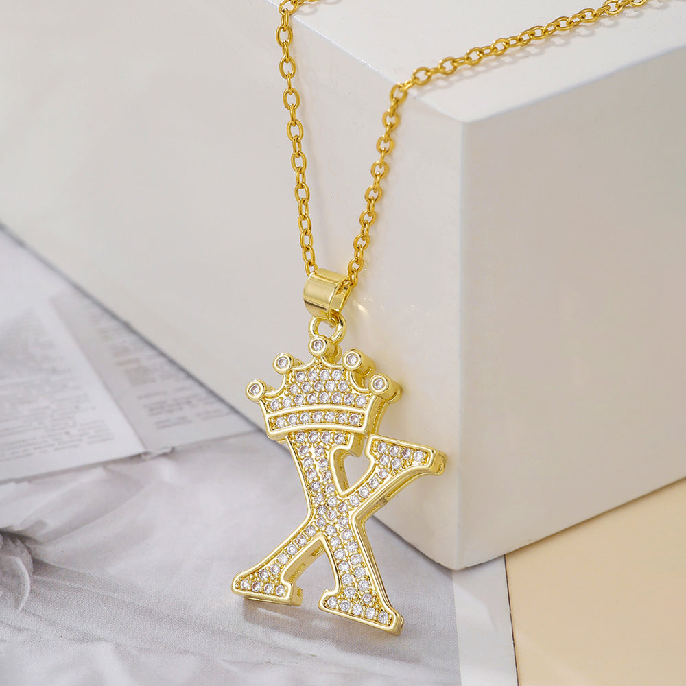 Gold Crown Initial Letter Pendant Necklace – Zircon A–Z Alphabet Jewelry
