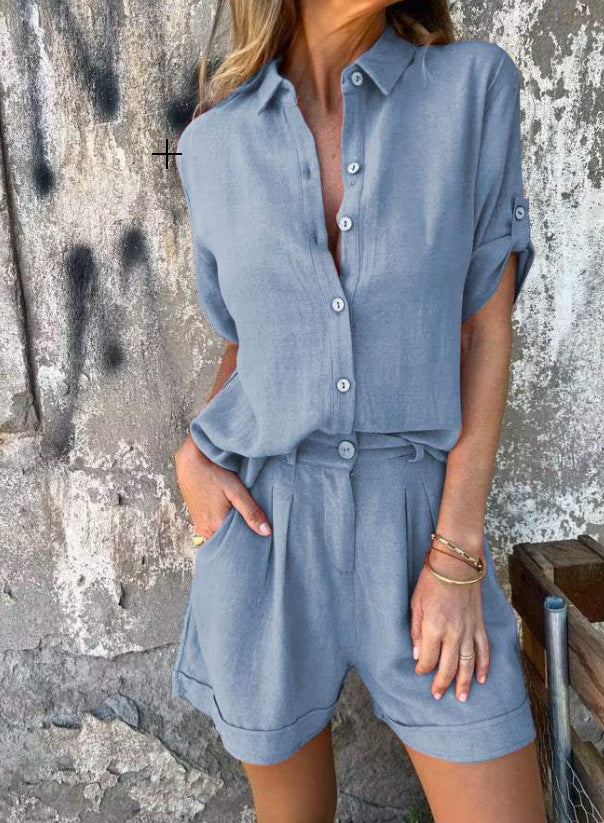 Women's Linen Short Sleeve Shirt & Shorts Two-Piece Suit – AdriaPulse