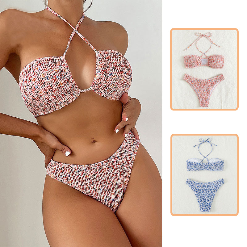 Damen Blumenmuster Plissiertes Neckholder-Bikini-Set – 2-teiliger Strandbadeanzug, S–XL