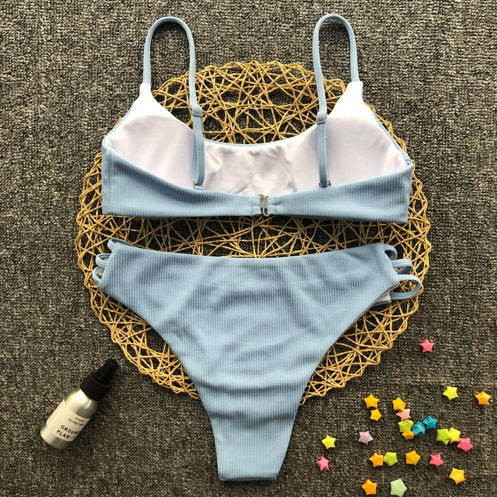 Solid Color Striped Bikini – Women's Polyester Swimwear