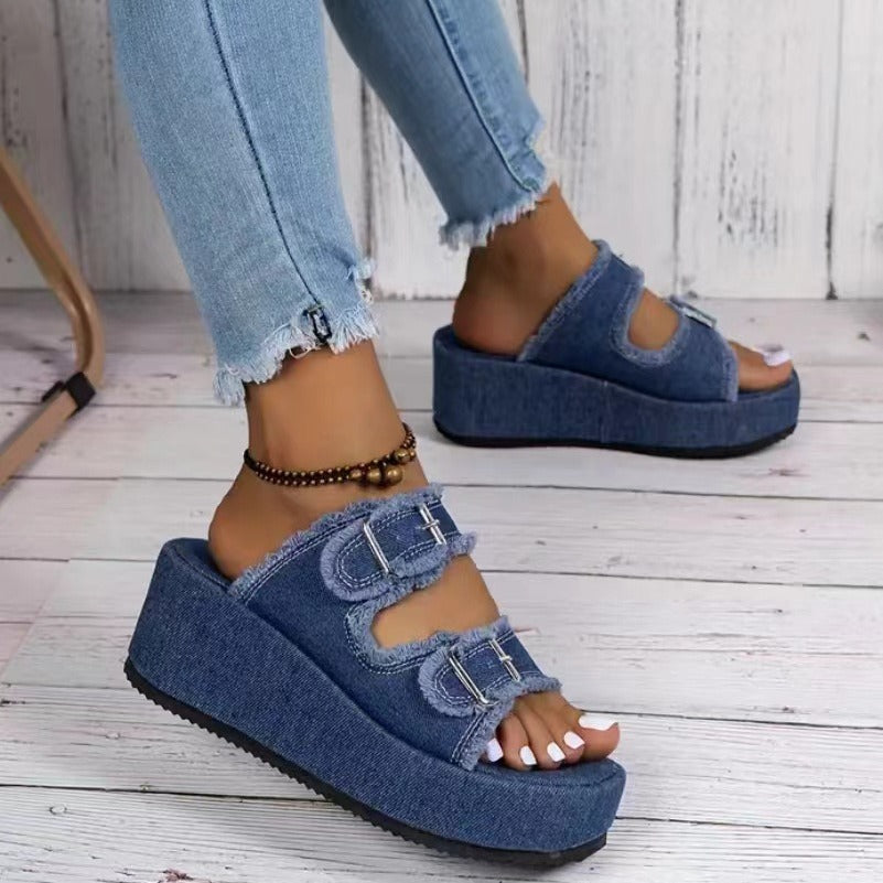 Women's Denim Buckle Wedge Sandals Thick Sole – | AdriaPulse