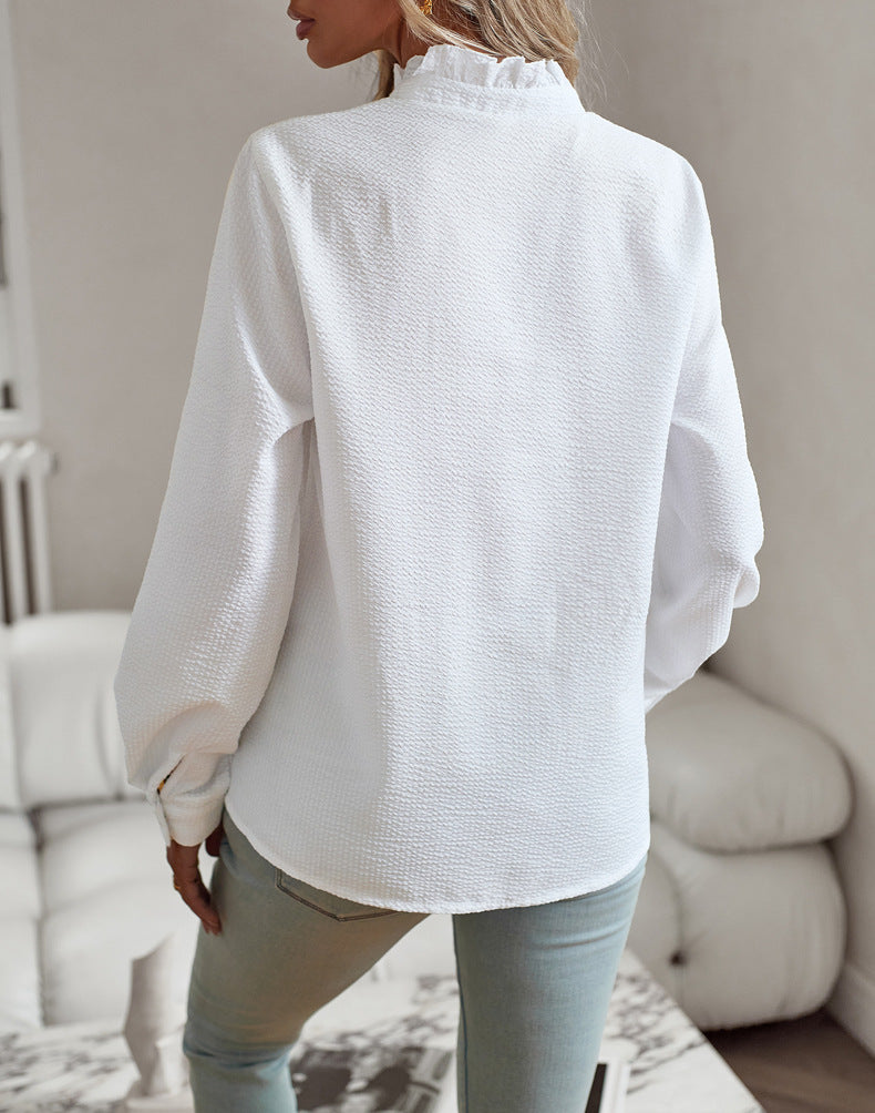 Gestreiftes Langarmshirt, modisches Rüschendesign, geknöpfte Oberteile, lässige Bürobluse, elegante Damenkleidung für Pendler