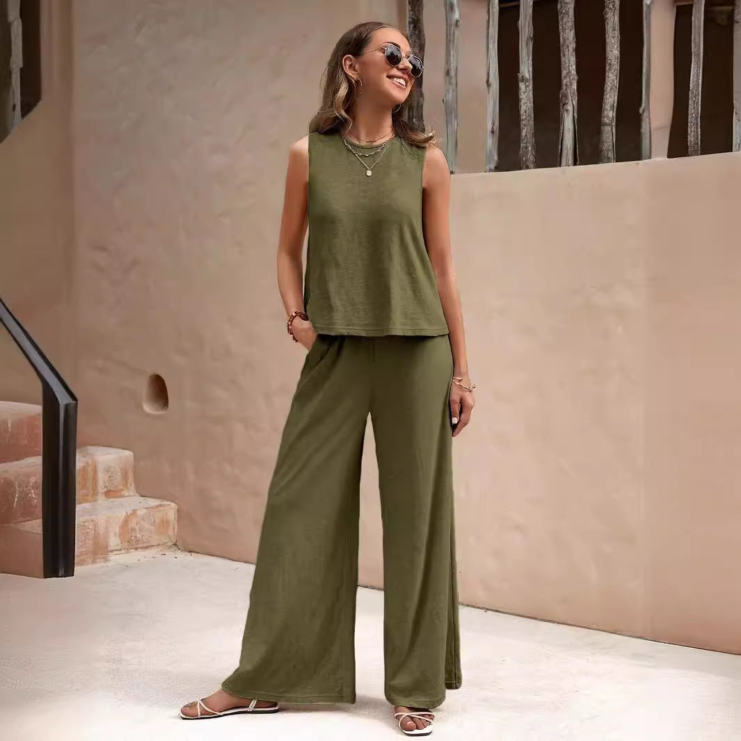 Ärmelloser Zweiteiler für Damen – Lässiges weites Oberteil & Hose mit weitem Bein