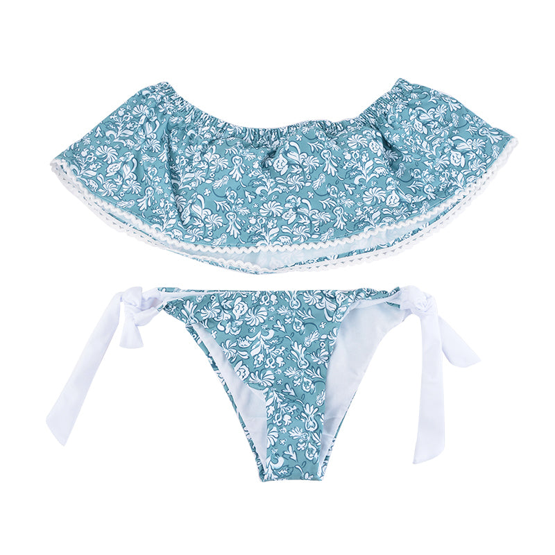 Geblümtes trägerloses Carmen-Bikini-Set | Damen Schlitz-Bademode – Hellblau