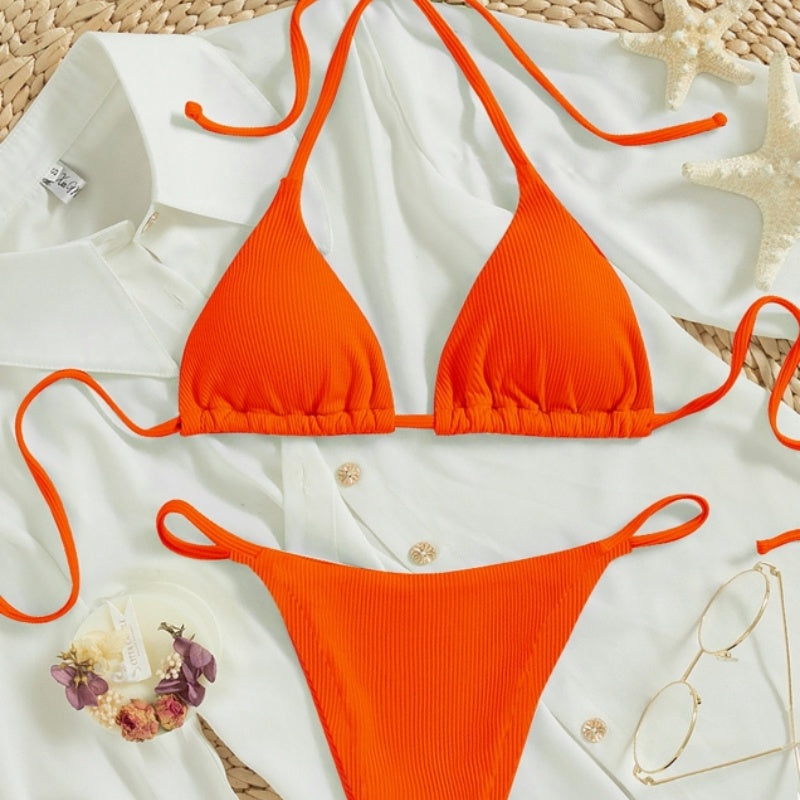 Women's Sexy Ribbed Tie Bikini Set – V-Neck Two-Piece Swimsuit