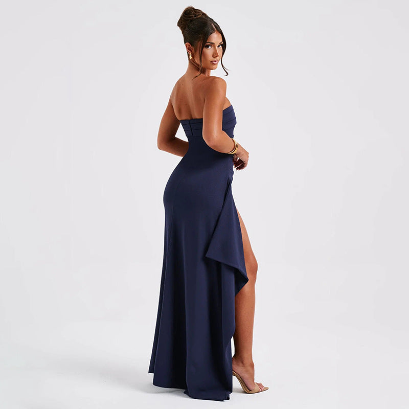 Women's Strapless Pleated Backless Maxi Dress with Split  AdriaPulse