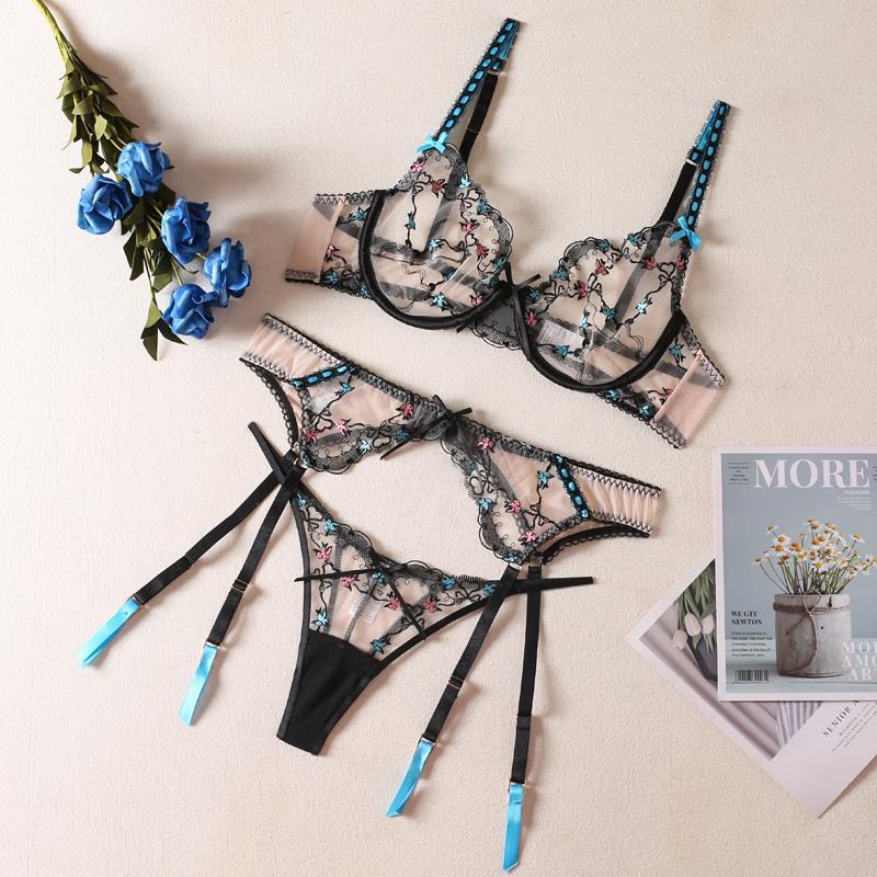 Besticktes Mesh-Dessous-Set aus Spitze | 3-teiliges Set aus BH, Höschen und Strapsen