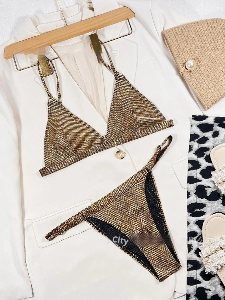 Women's Shiny Metallic Bikini Set Gold & Silver – AdriaPulse