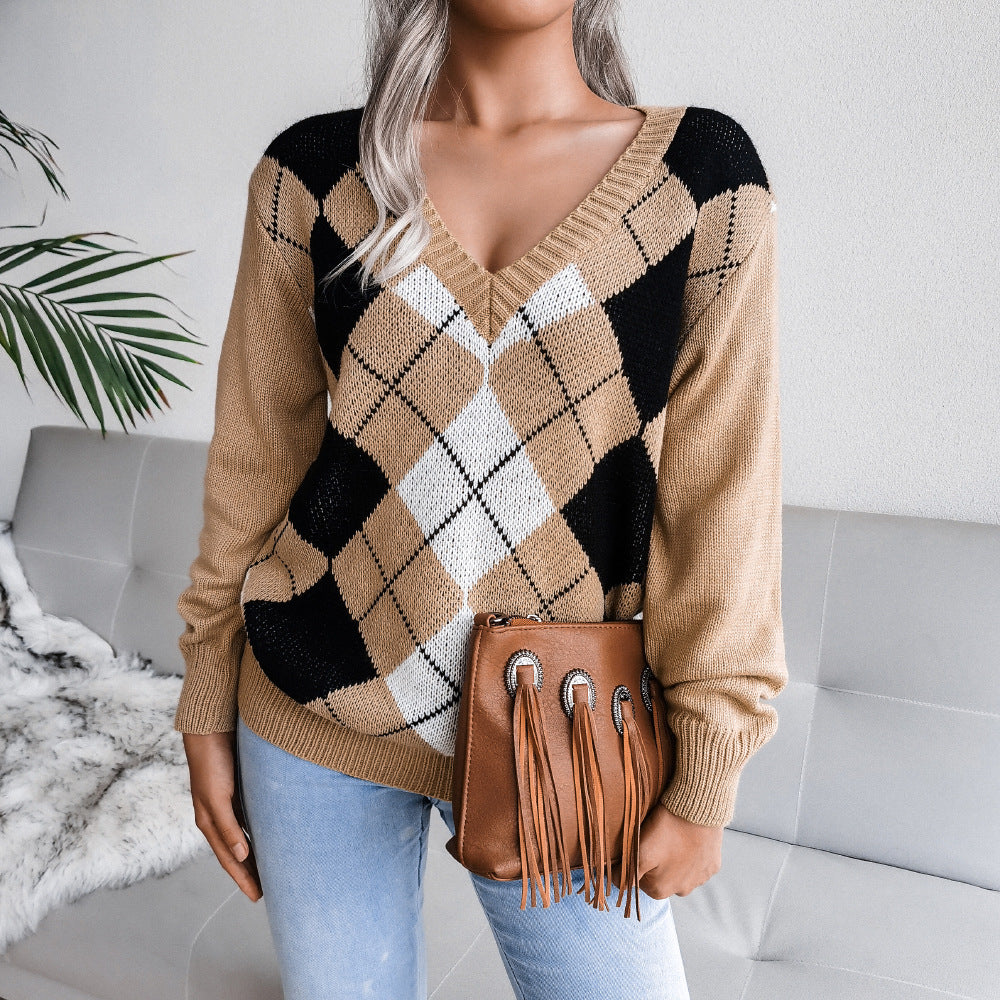 Women's Preppy Diamond Knit Sweater Blue Urban Casual Acrylic Pullover | adriapulse"