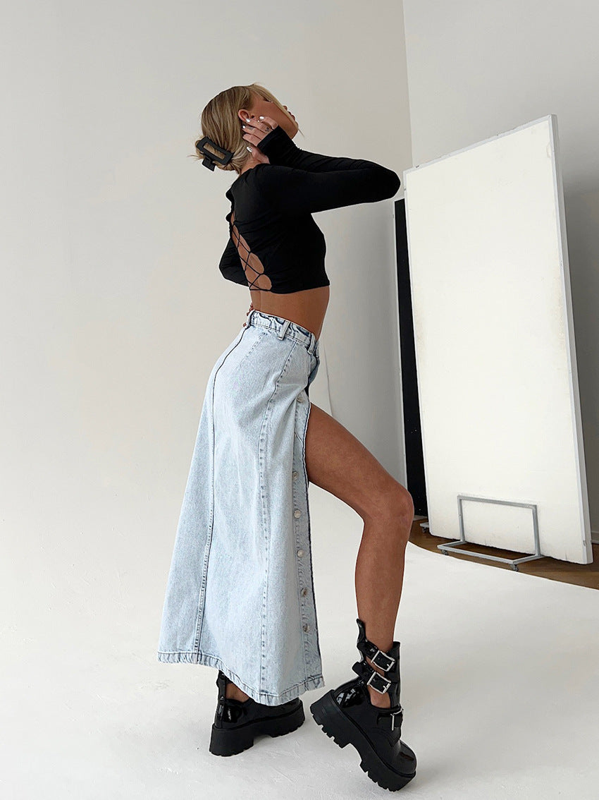 Women's Retro A-Line Denim Maxi Skirt – Washed Distressed Long Jean Skirt